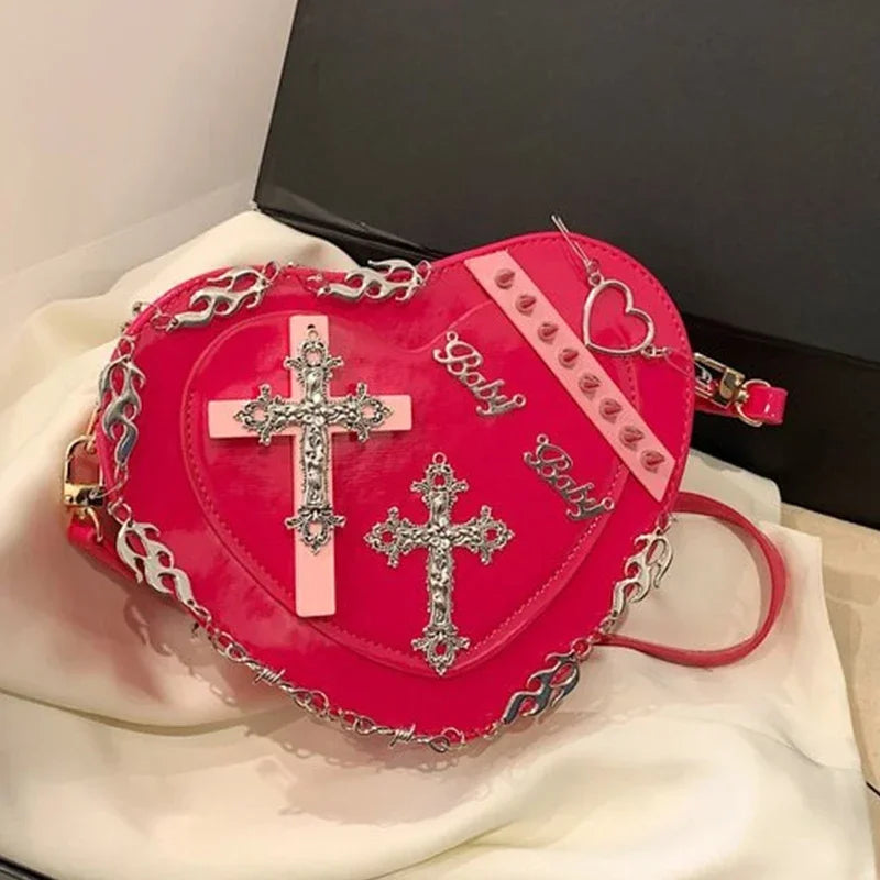 Heart-Shaped Leather Gothic Punk Crossbody Metal Decoration Shoulder Bag Rose Red Halloween