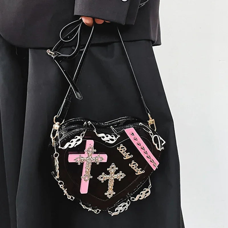 Gothic Heart-Shaped Leather Crossbody Shoulder Bag - Fashionpara