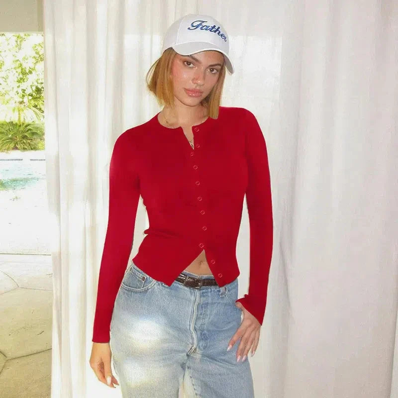 Single Breasted O-Neck Long Sleeve Cropped Knit Cardigan