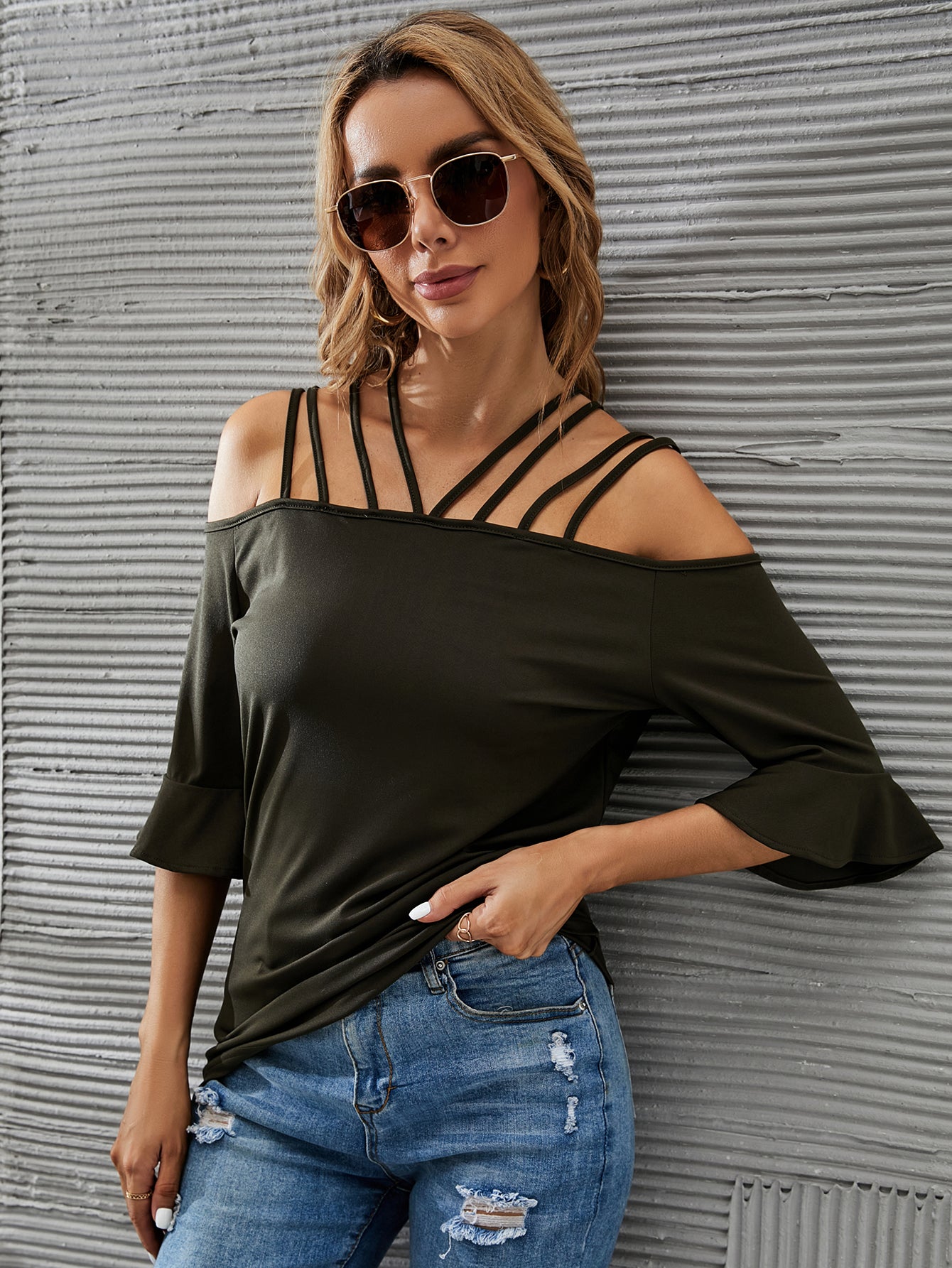 Women's Solid Color Off Shoulder Top Blouse  Flare Sleeve Tops - Fashionpara