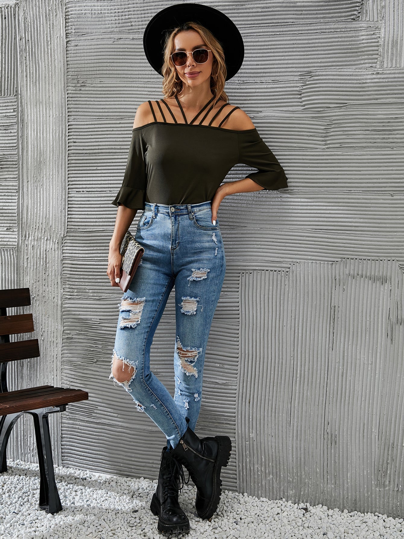 Women's Solid Color Off Shoulder Top Blouse  Flare Sleeve Tops - Fashionpara