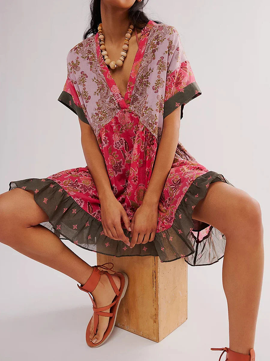 Summer Bohemian Babydoll Floral Print V-Neck Dress