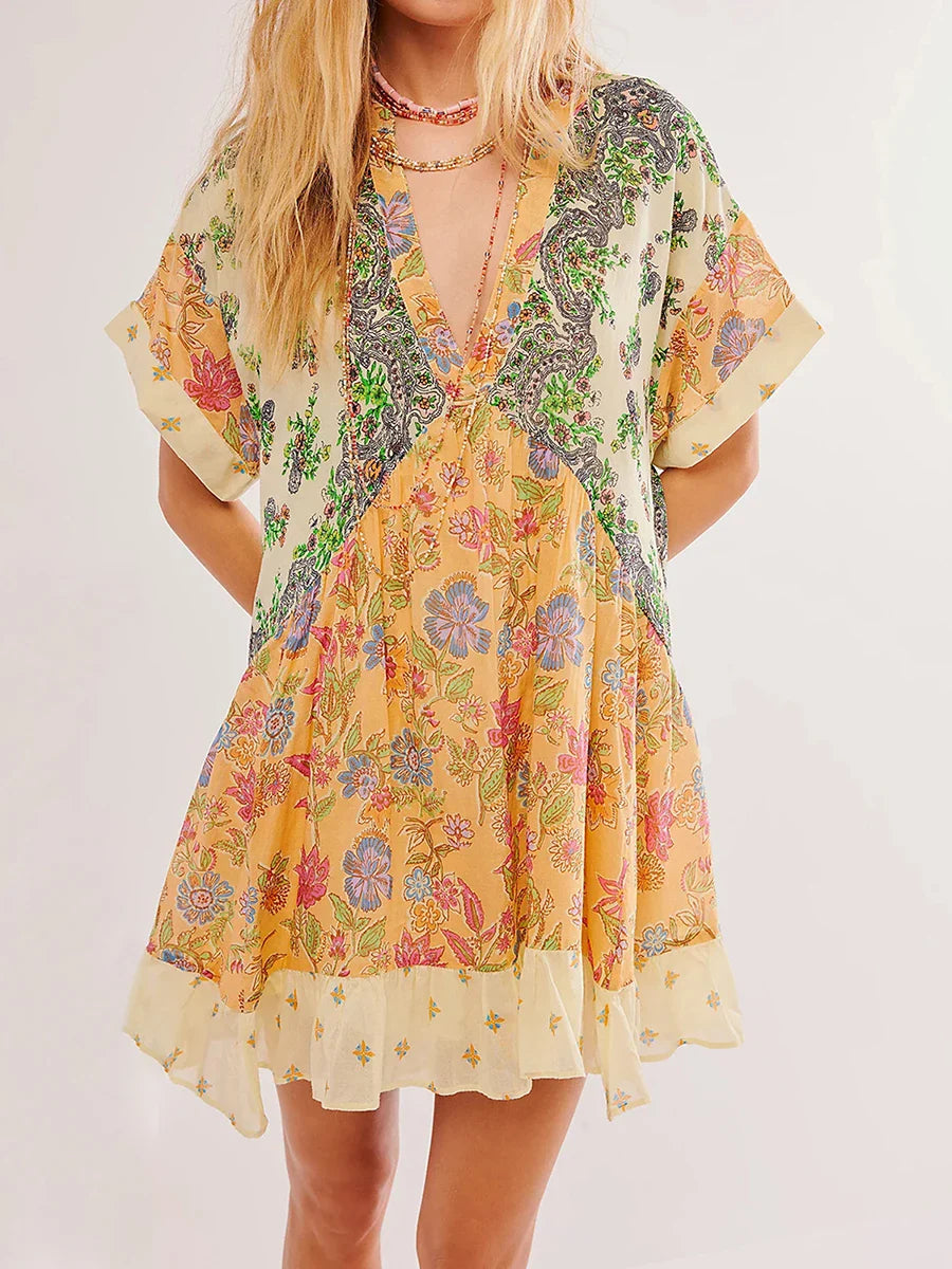 Summer Bohemian Babydoll Floral Print V-Neck Dress