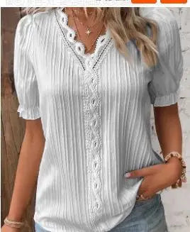 Solid Sexy V-neck Splice Short Sleeve Blouse
