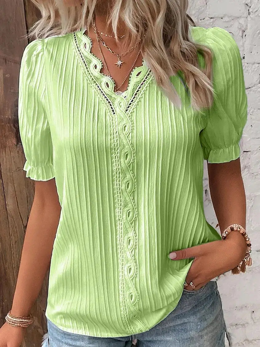 Solid Sexy V-neck Splice Short Sleeve Blouse