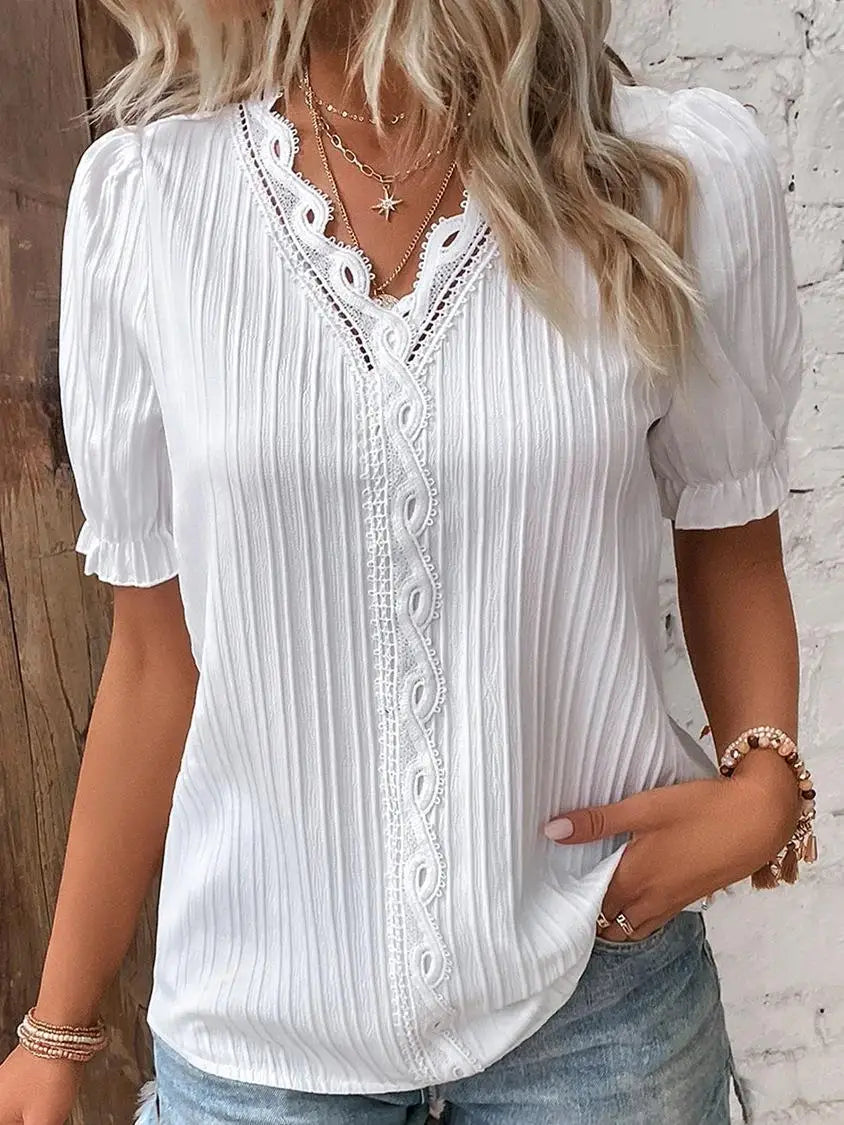 Solid Sexy V-neck Splice Short Sleeve Blouse
