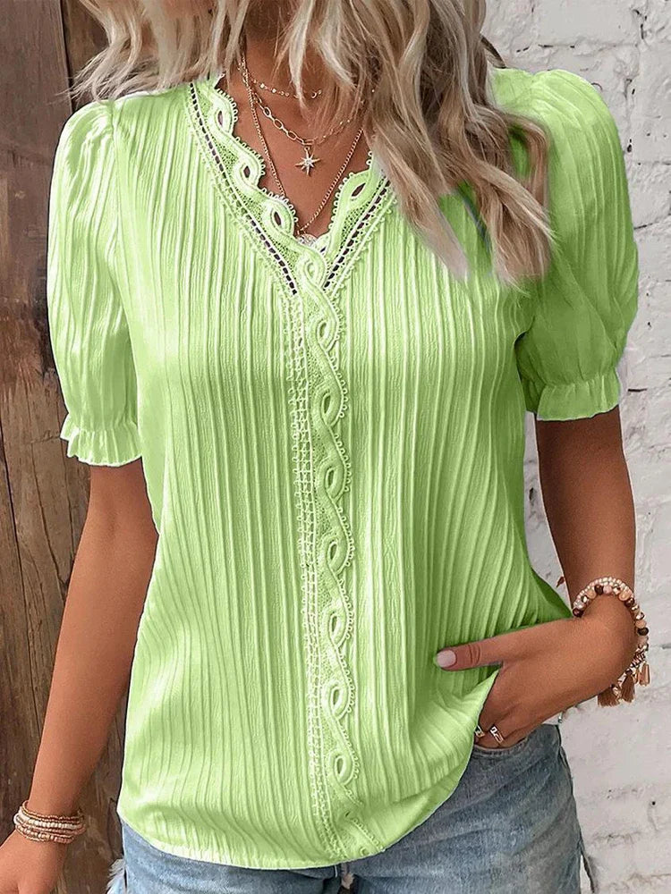 Solid Sexy V-neck Splice Short Sleeve Blouse
