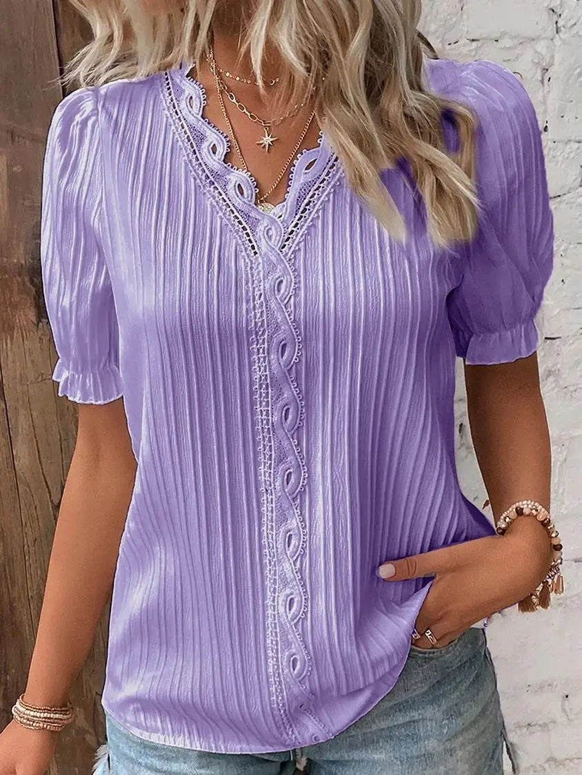 Solid Sexy V-neck Splice Short Sleeve Blouse
