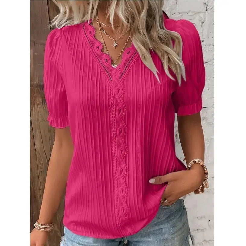 Solid Sexy V-neck Splice Short Sleeve Blouse