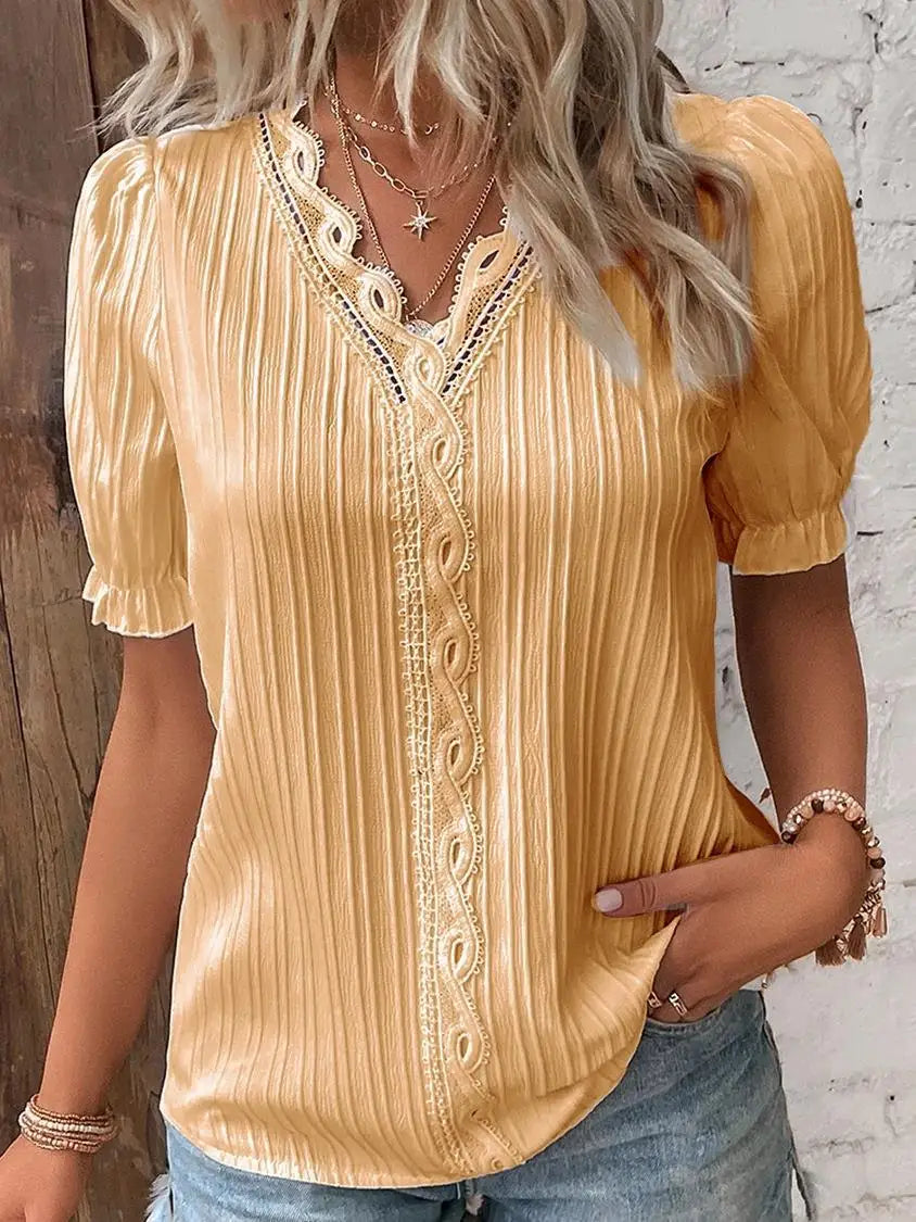Solid Sexy V-neck Splice Short Sleeve Blouse