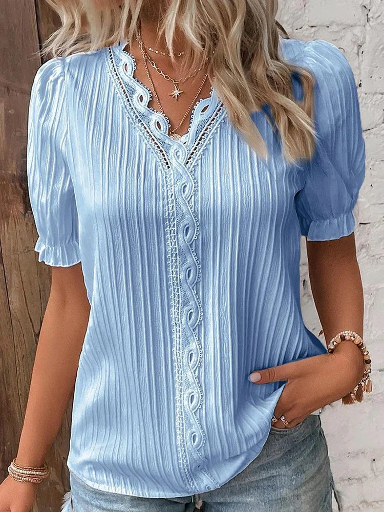 Solid Sexy V-neck Splice Short Sleeve Blouse
