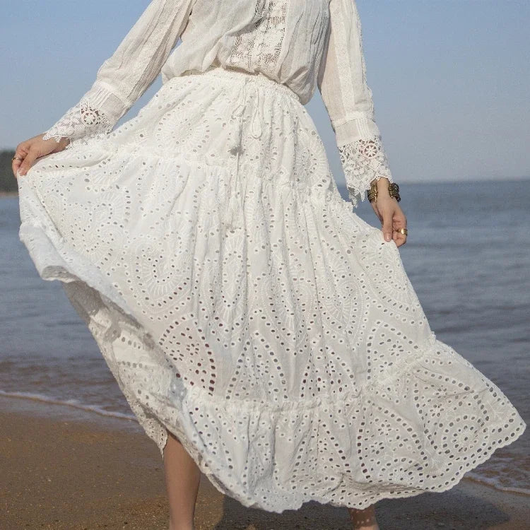 Women's Summer Cotton Full Lace Midi Skirt A-line Boho Vacation