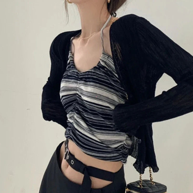 V-Neck Thin Long Sleeve Sunscreen Casual Black White Cardigan