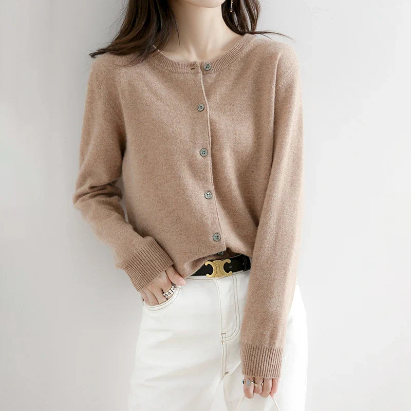 Short Slim O-Neck Single Breasted Gold Camel Knit Cardigan