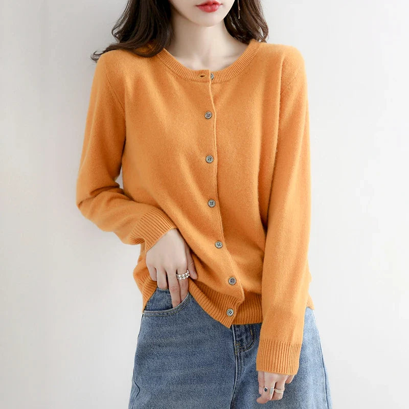 Short Slim O-Neck Single Breasted Gold Camel Knit Cardigan