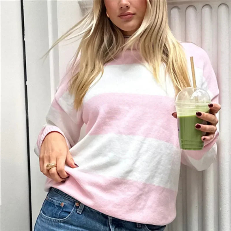 Y2K Autumn Loose Fit Stripe Print Color Block Knit Top