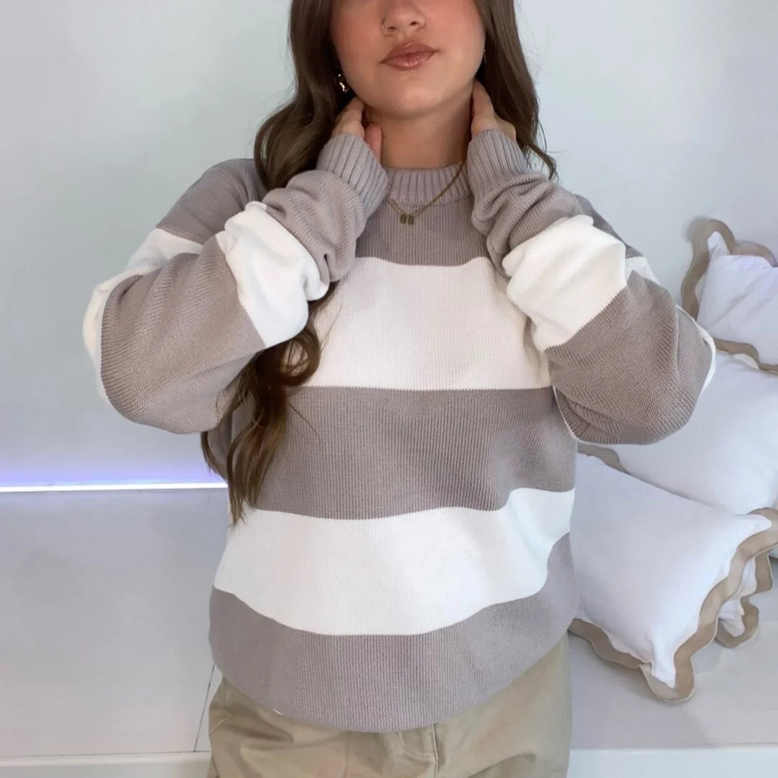 Y2K Autumn Loose Fit Stripe Print Color Block Knit Top