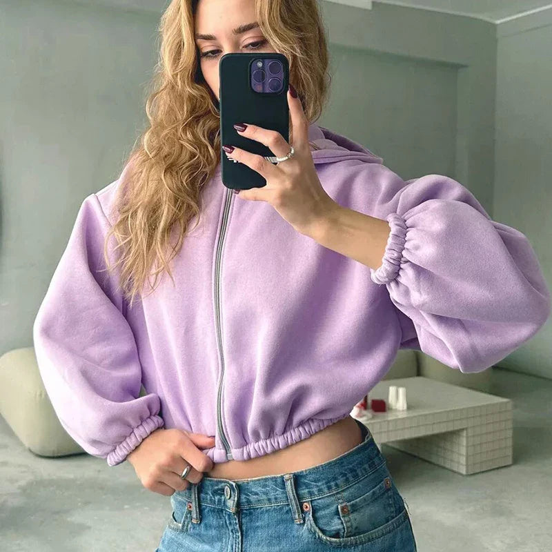 Fashion Zipper Cropped Solid Color Long Sleeve Hoodie - Fashionpara