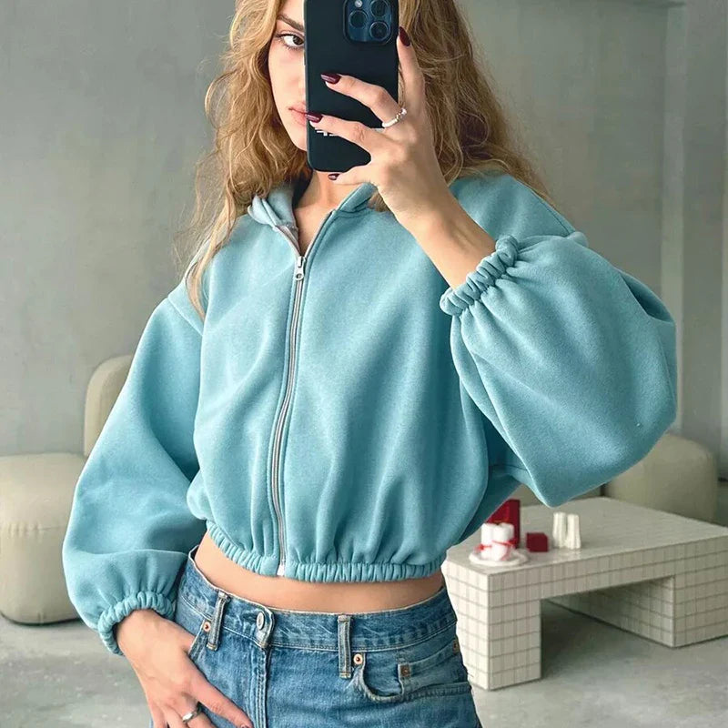 Fashion Zipper Cropped Solid Color Long Sleeve Hoodie - Fashionpara