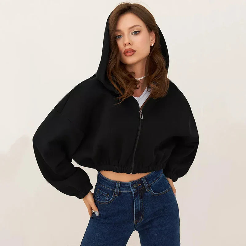 Fashion Zipper Cropped Solid Color Long Sleeve Hoodie - Fashionpara