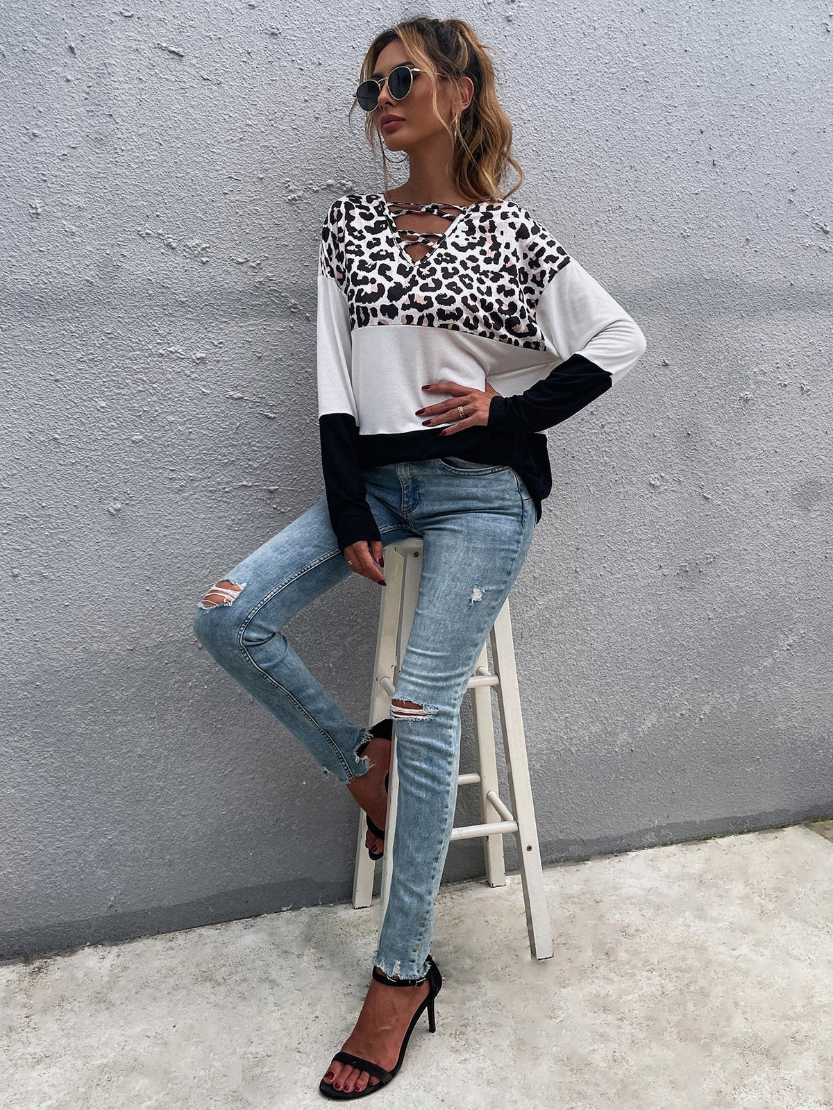 KittenAlarm - Women's milk silk leopard print black and white stitching V-neck loose long-sleeved t-shirt