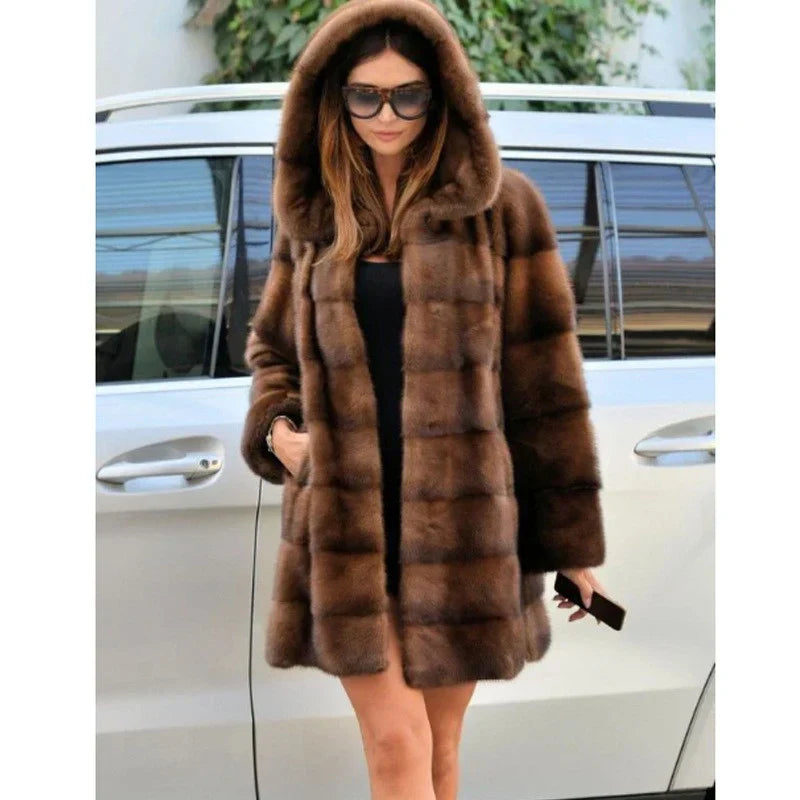 Women's Mink Hooded Long Coat
