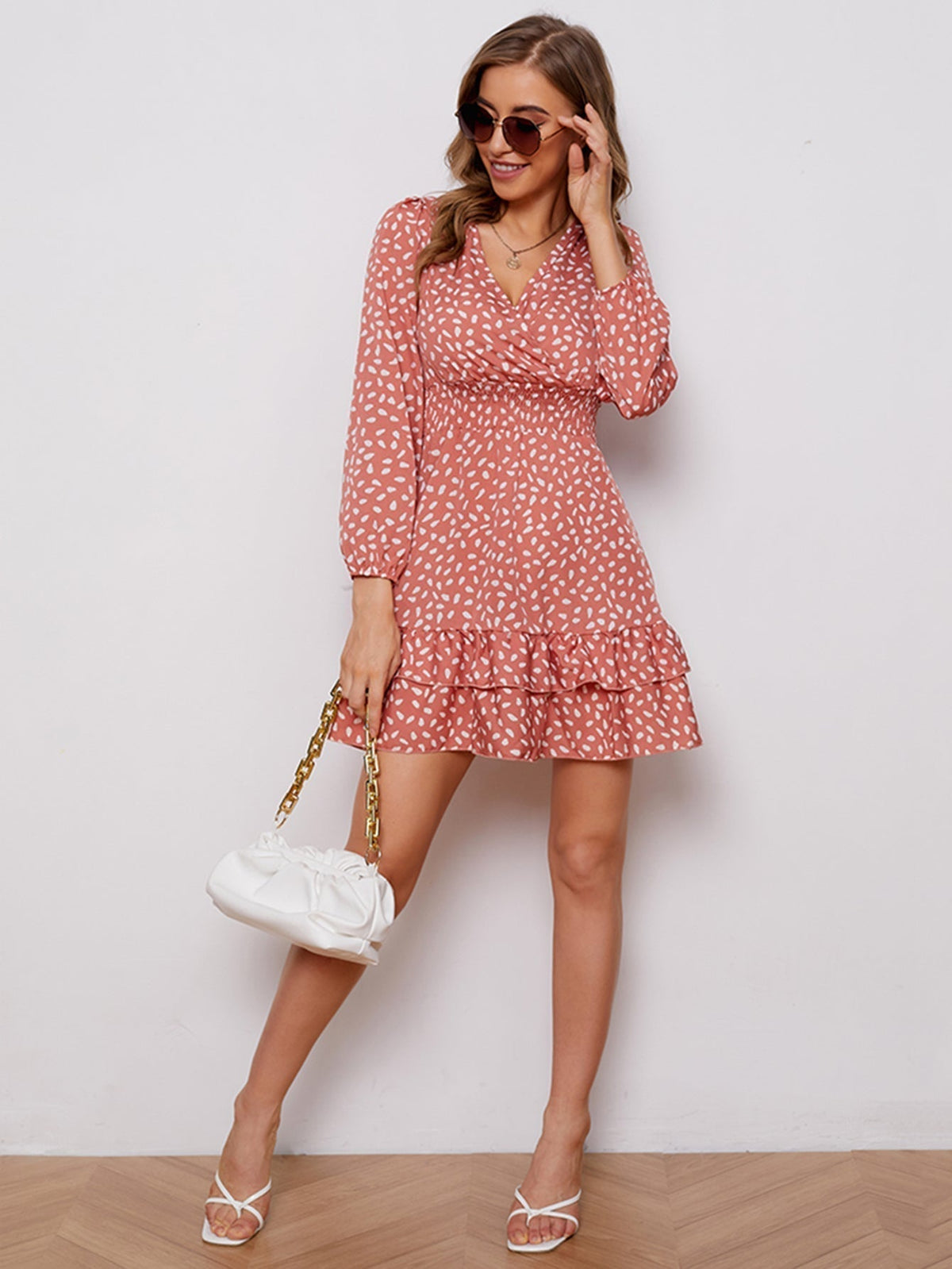 KittenAlarm - Women's sexy v-neck bubble long sleeve small floral dress