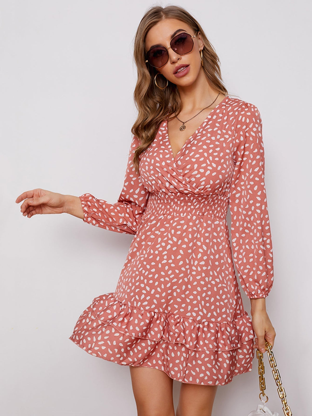 KittenAlarm - Women's sexy v-neck bubble long sleeve small floral dress
