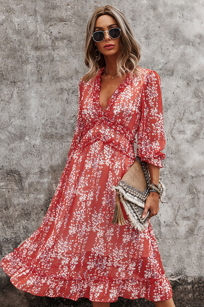 Sexy Long Sleeve Mid-Length V-neck Printed Dress