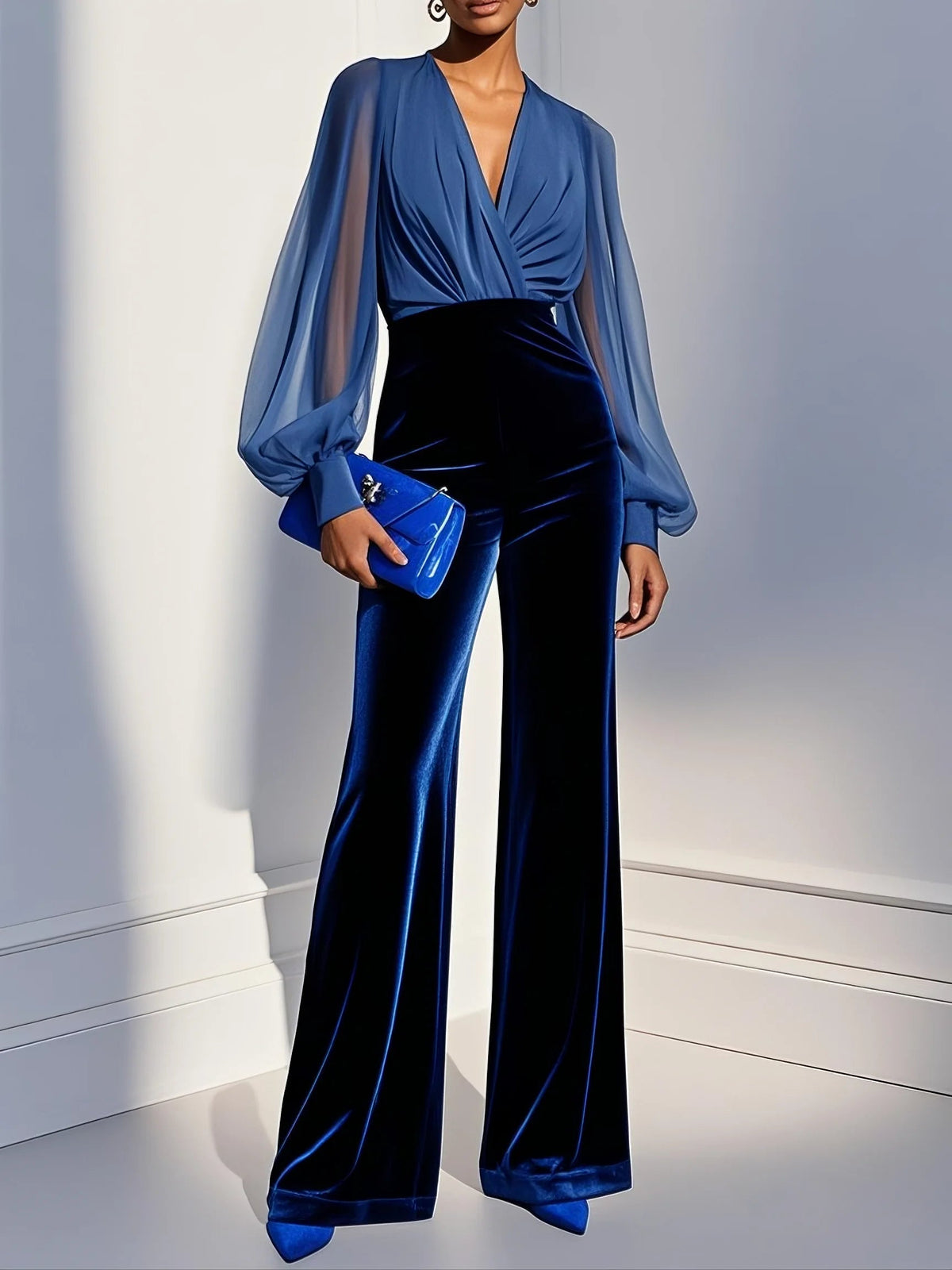 V-Neck Sheer Long Sleeve Velvet Wide Leg Jumpsuit