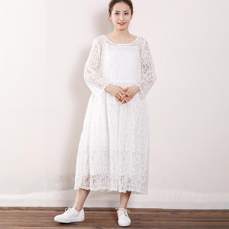 Floral Lace Scoop Neck Long Sleeve Empire Waist Sheer Hem Midi Dress