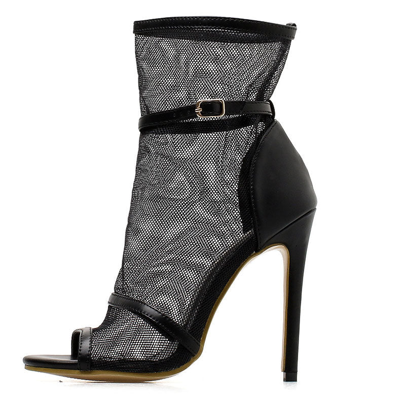 Black Peep-toe Mesh Stiletto Heels Boots Prom Shoes