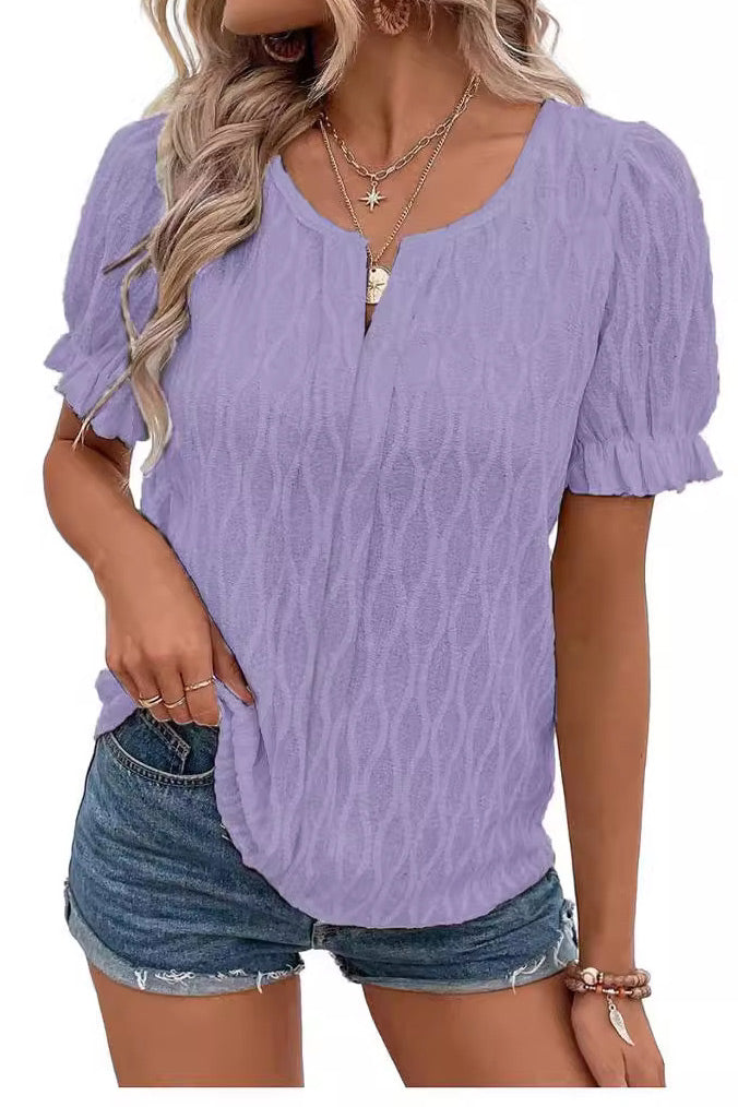 Women's Casual V-neck Puff Sleeves T-shirt