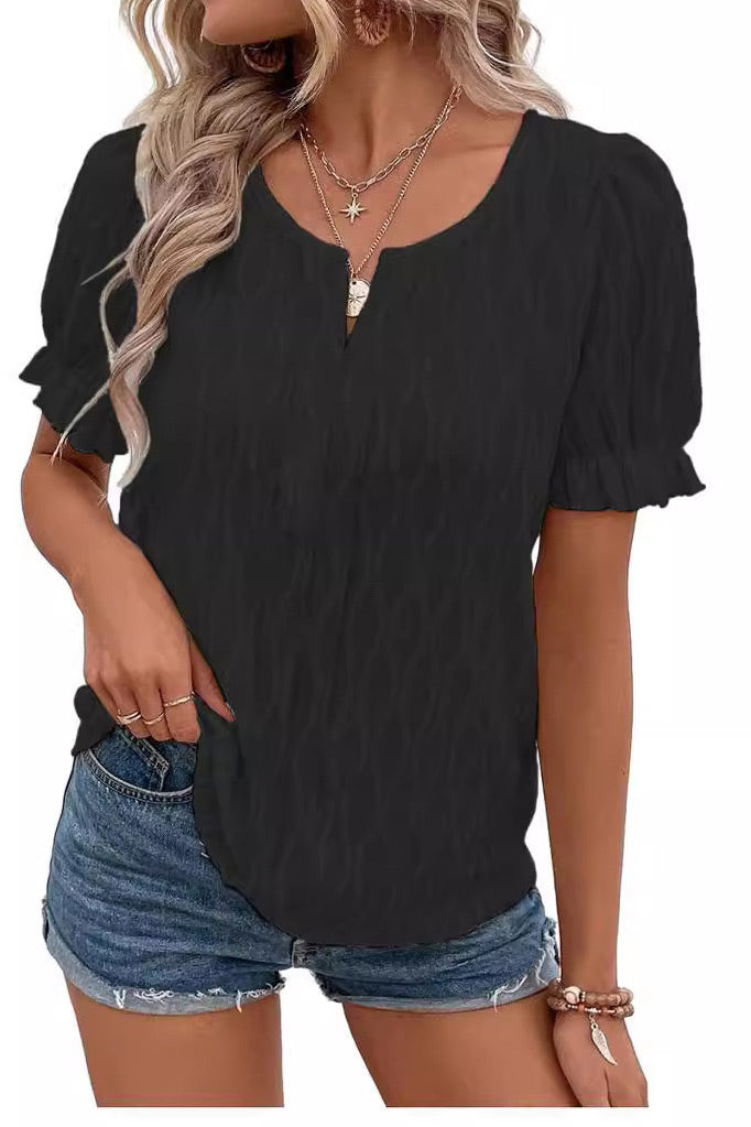 Women's Casual V-neck Puff Sleeves T-shirt