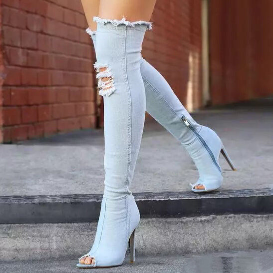 Denim Stiletto Heel Over The Knee Boots With Zipper - Mislish