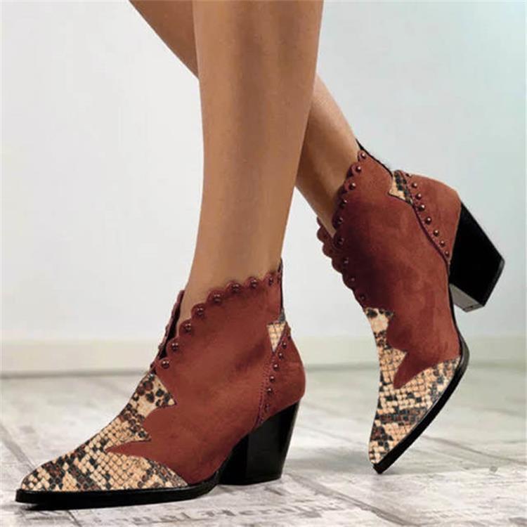Women's High Heel Boots Pointed Rivet Snake Pattern Martin Boots