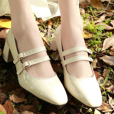 Patent Leather Low Heel Pumps With Buckle - Mislish
