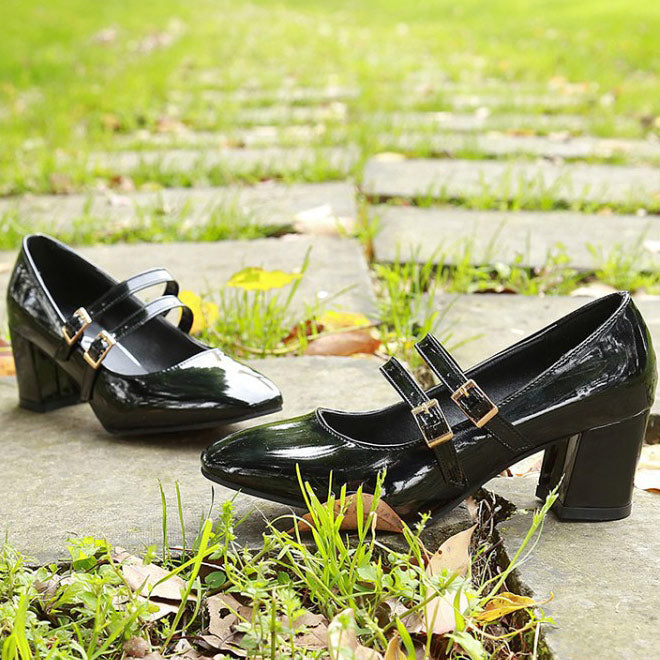 Patent Leather Low Heel Pumps With Buckle - Mislish