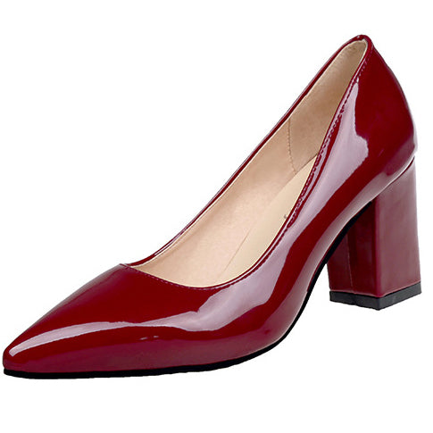 Patent Leather Chunky Heel Pumps Pointed Toe Shoes - Mislish