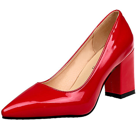 Patent Leather Chunky Heel Pumps Pointed Toe Shoes - Mislish