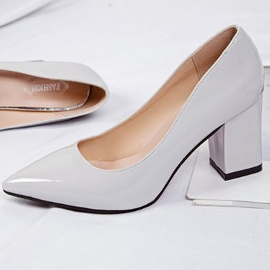 Patent Leather Chunky Heel Pumps Pointed Toe Shoes - Mislish
