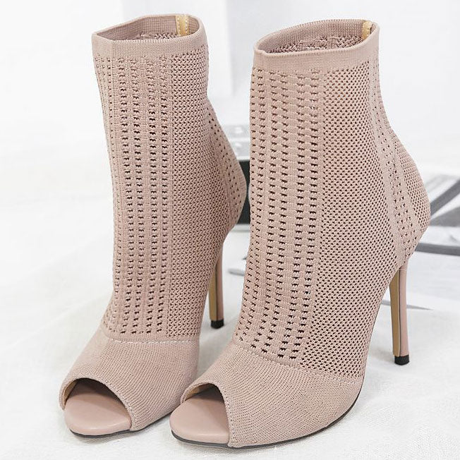 Elastic Knit Sock Boots High Heels Peep Toe Pumps - Mislish
