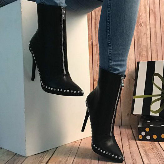 Pointed Toe Front Zipper Stiletto Heels Beaded Boots - Mislish