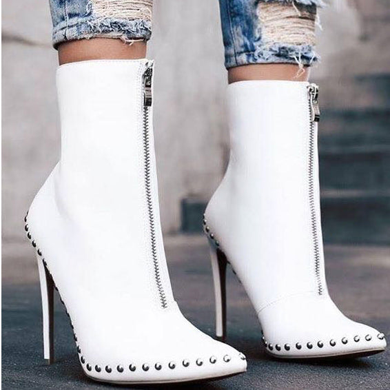 Pointed Toe Front Zipper Stiletto Heels Beaded Boots - Mislish