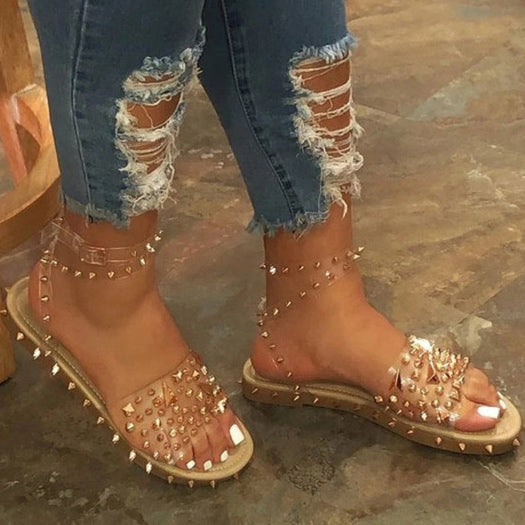 Women's Wide Fit Open-toe Rivets Flat Sandals - Mislish