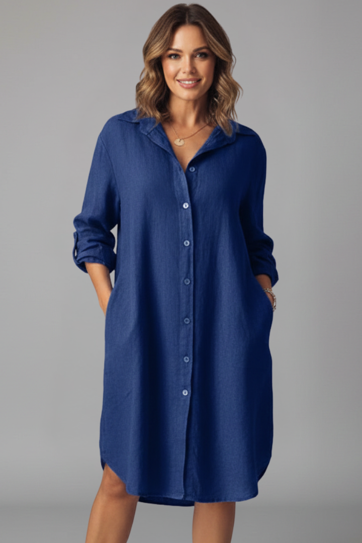 Collared Button Front Long Sleeve Linen Look Shirt Dress 10