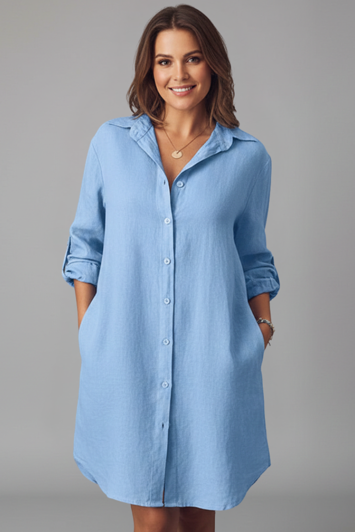 Collared Button Front Long Sleeve Linen Look Shirt Dress 2