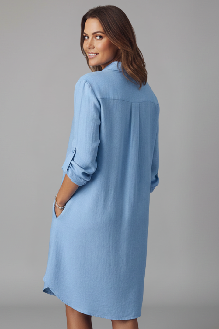 Collared Button Front Long Sleeve Linen Look Shirt Dress 5