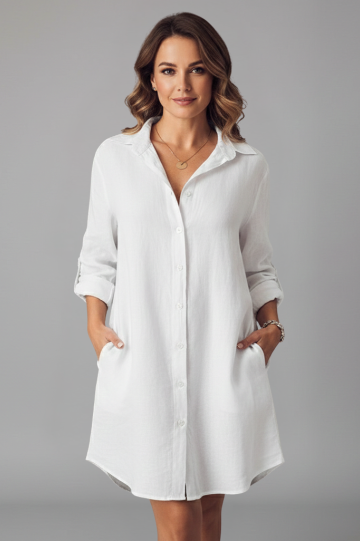 Collared Button Front Long Sleeve Linen Look Shirt Dress 6