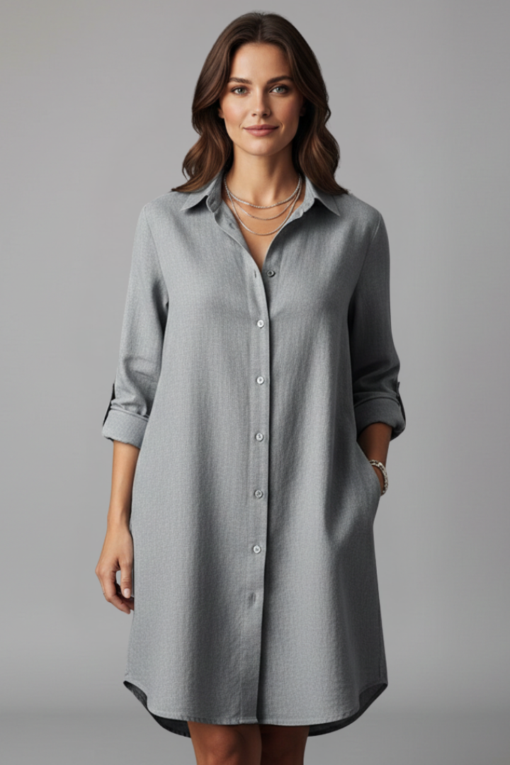 Collared Button Front Long Sleeve Linen Look Shirt Dress 7